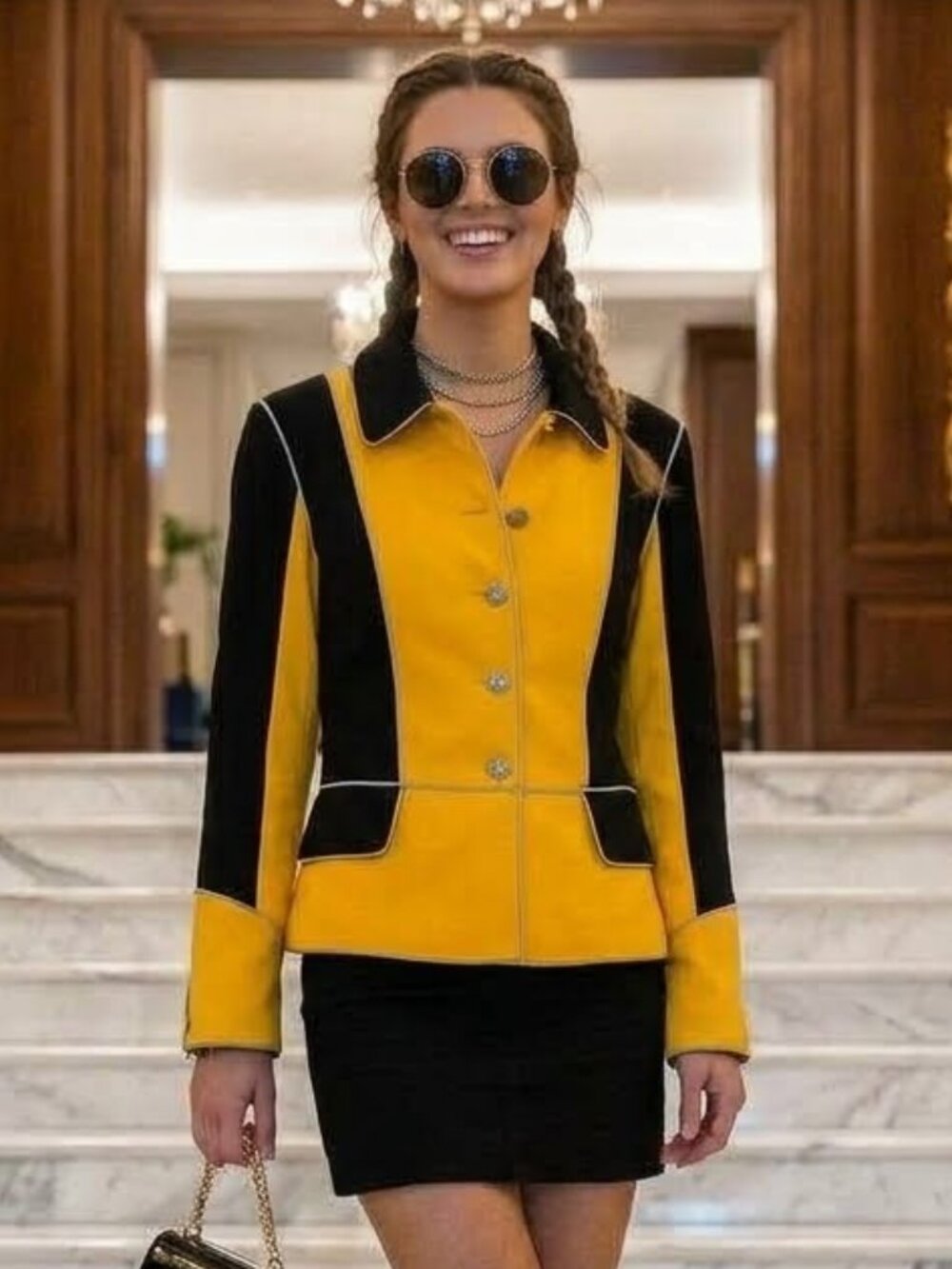 Moschino Italian Yellow Gold Black Silver Zipper Jacket Colorblock US 8 Small